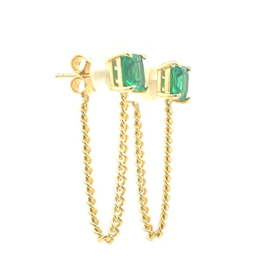 Chic Studs with Green CZ & Chain Drop Accent Earrings Color gold