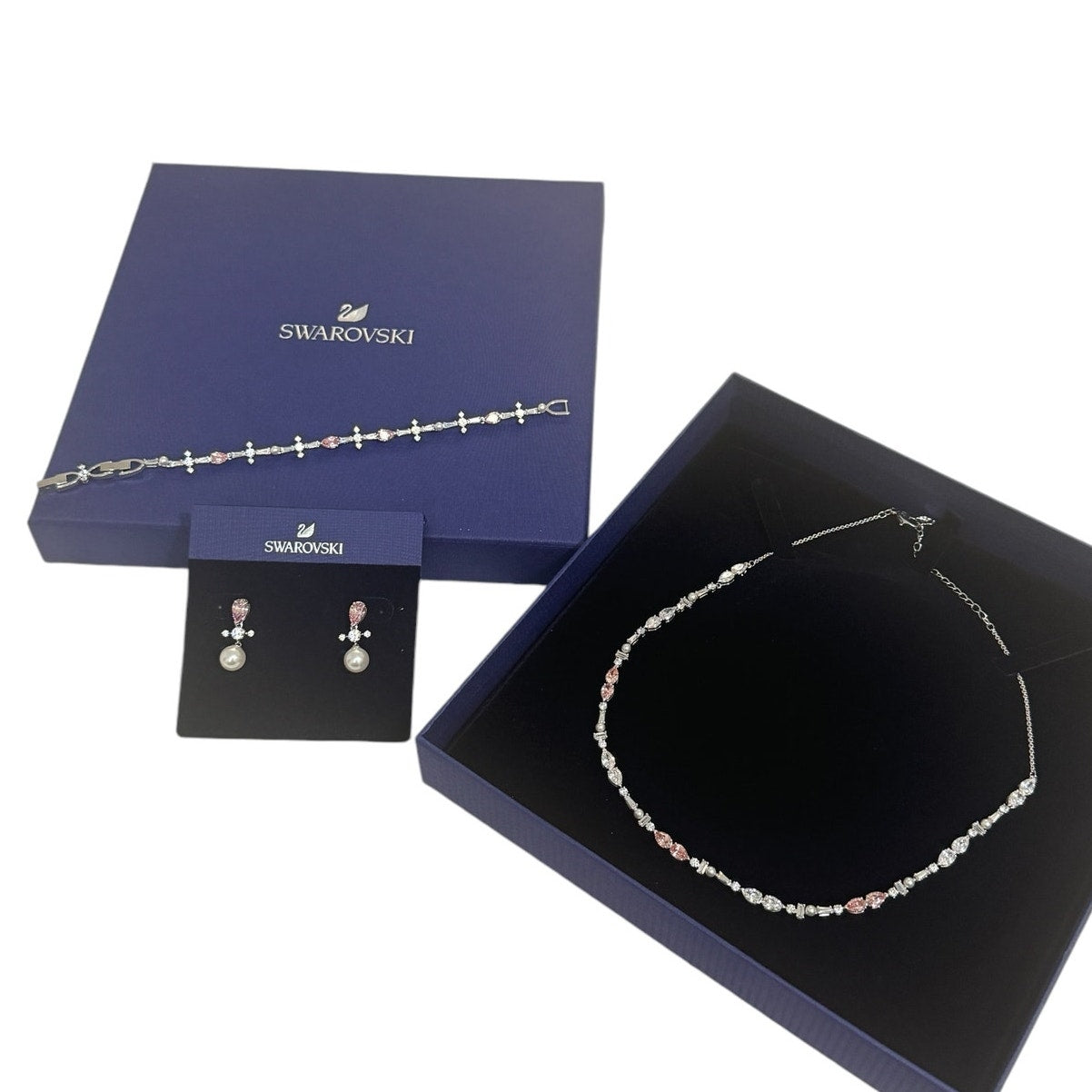 Swarovski Perfection Set, Necklace/Earrings/Bracelet Pink/Clear Crystal Authentic