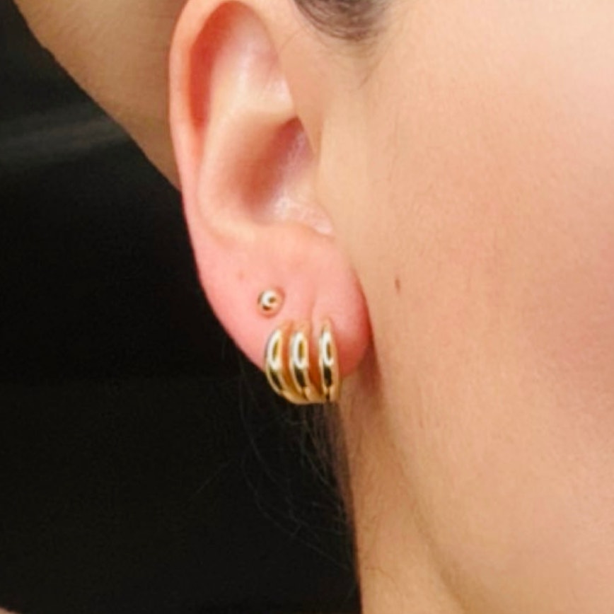 Triple Stud Earrings for Women 14K Gold Plated Dainty Minimalist Ear Piercing Jewelry