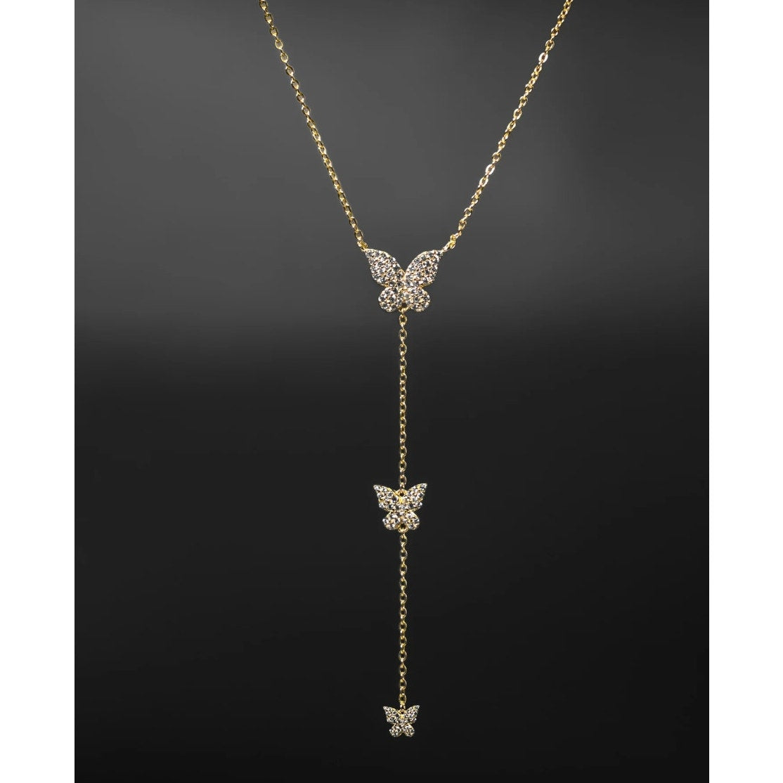 Three Butterfly Lariat Necklace Drop Down Y Statement Necklace