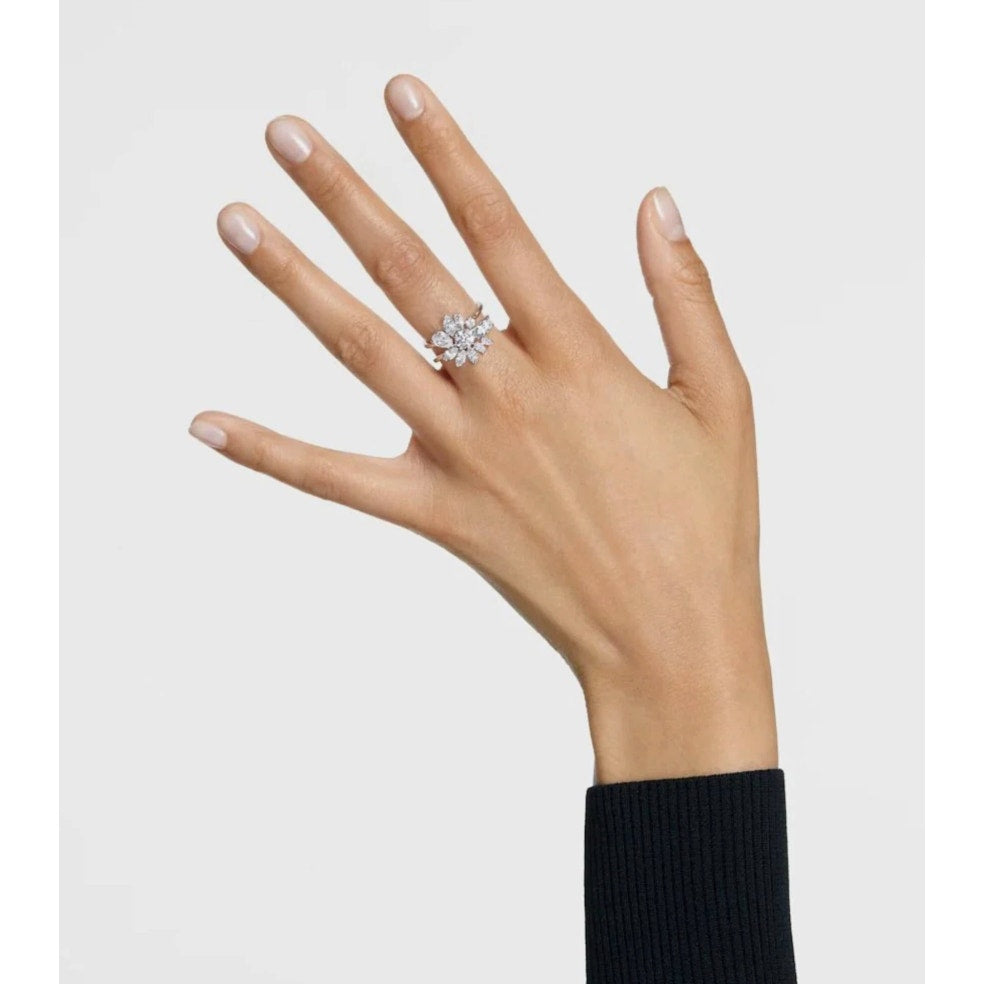 Swarovski Gema Flower Ring Rhodium Plated with Clear Stones Cocktail 58 - USA 8