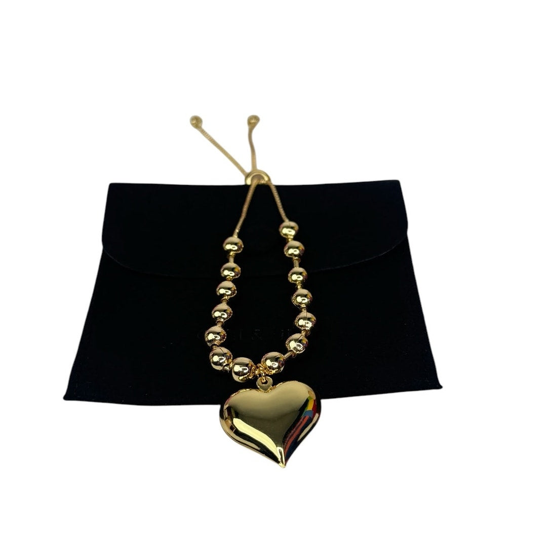 Puffy Heart Charm adjustable Slider Bracelet in Gold tone
