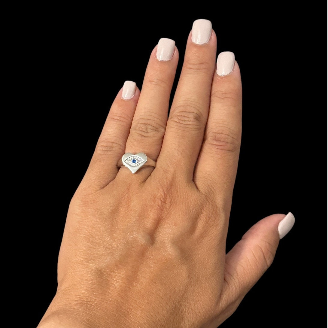 Elegant Evil Eye Heart Ring 925 Sterling Silver with Sparkling CZ Unique Design