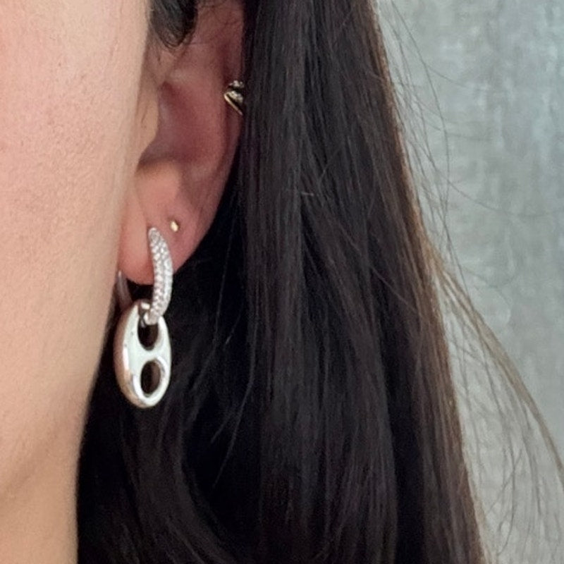 Pave Interlock Hoop Earrings silver tone