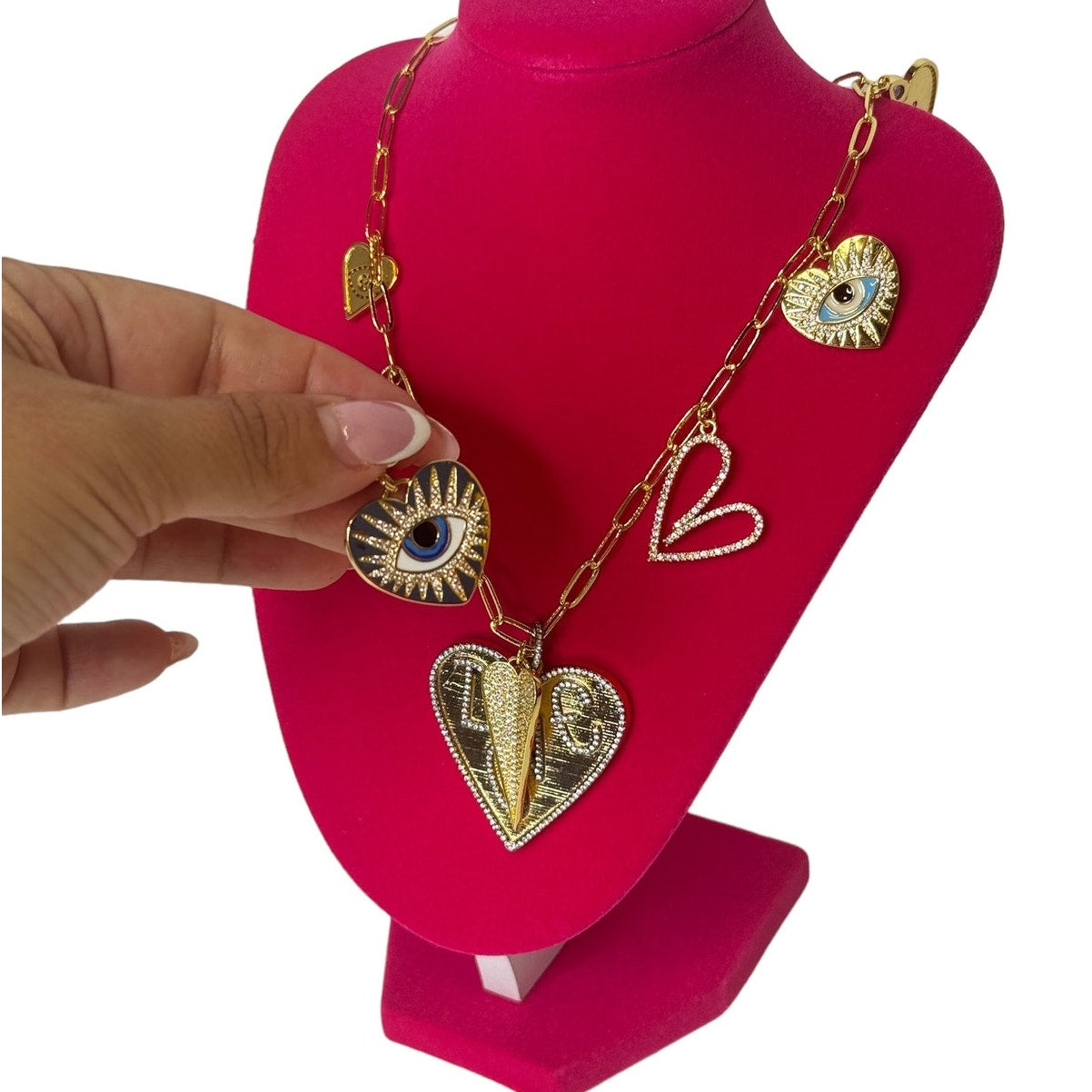 9 Heart & Eye Charms on Paperclip Chain Necklace