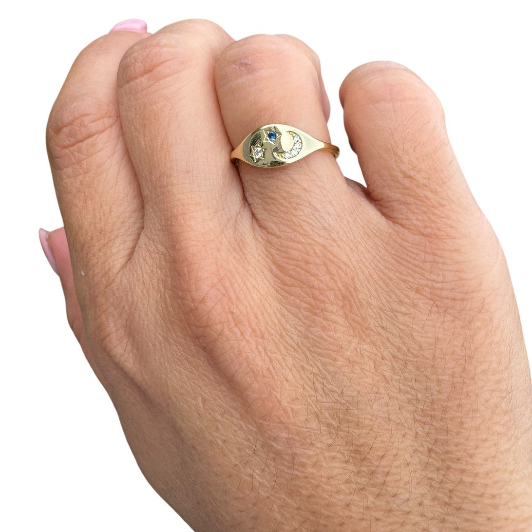 Celestial Moon Star Ring 925 Sterling Silver 14K Gold Plated Cubic Zirconia Minimal Ring, Gift for Her