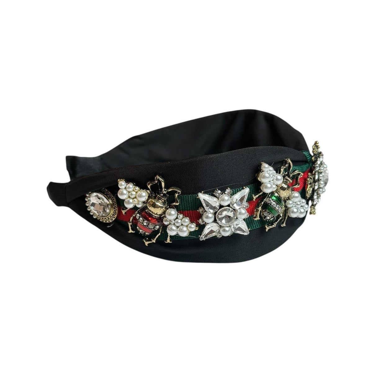 Elegant Black Headband with Pearls Crystals and Bee Details Fashion Hairband