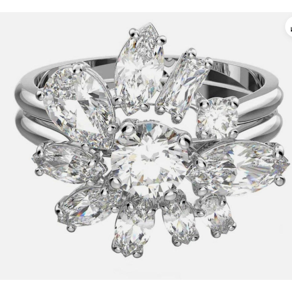 Swarovski Gema Flower Ring Rhodium Plated with Clear Stones Cocktail 58 - USA 8