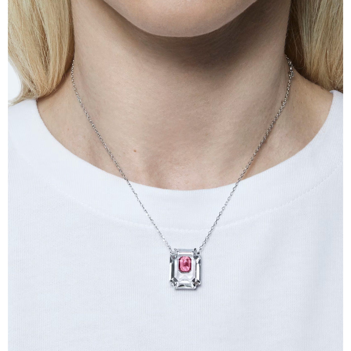 Swarovski Chroma necklace Octagon cut, Pink, Rhodium plated