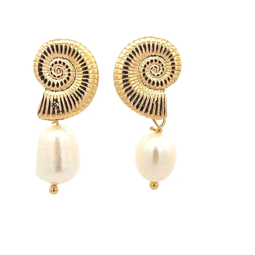 Small Seashell Drop Earrings with Freshwater Pearls Elegant Dangle Design