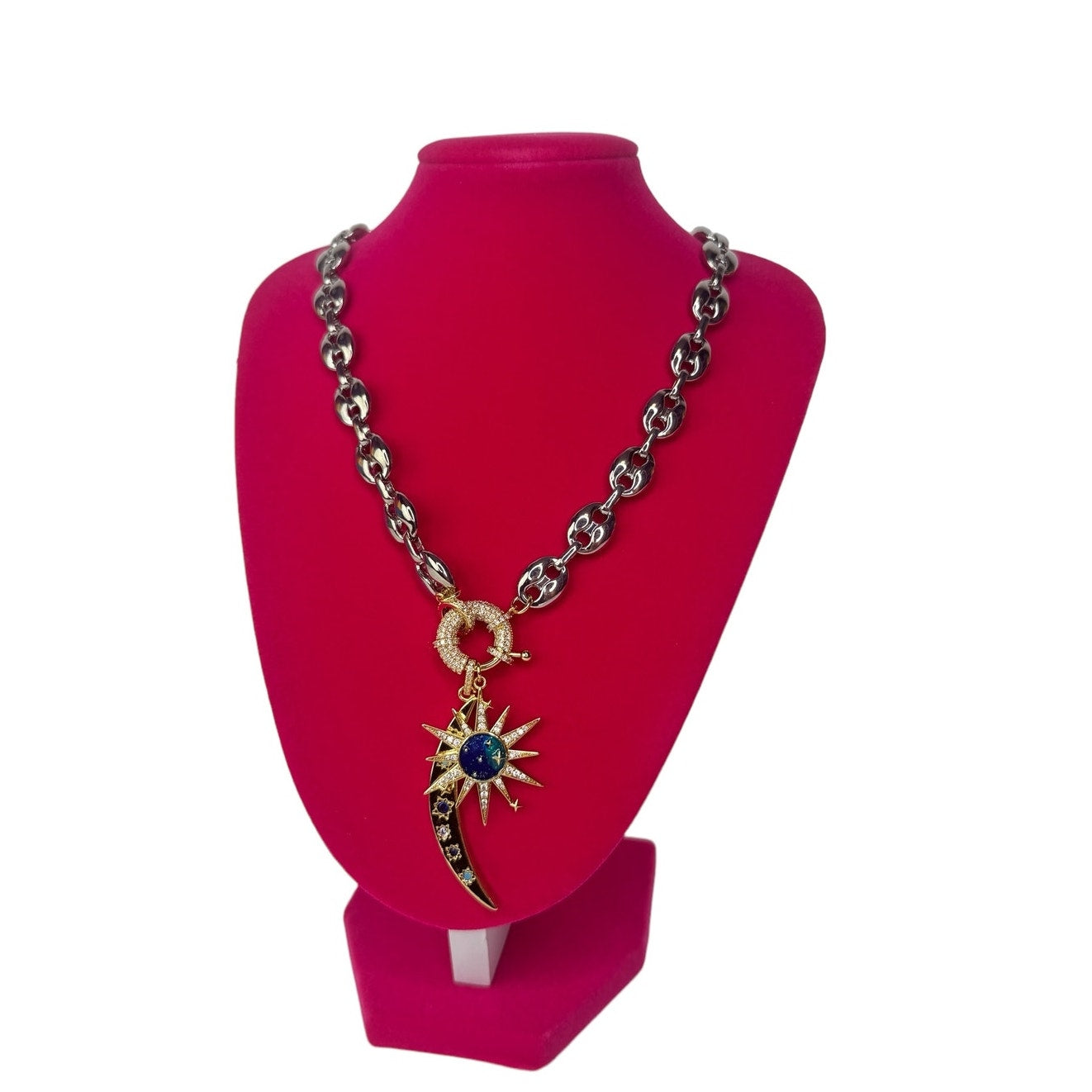 Starshine necklace Silver Sun Moon Gold Pendant with Link Chain Silver Necklace