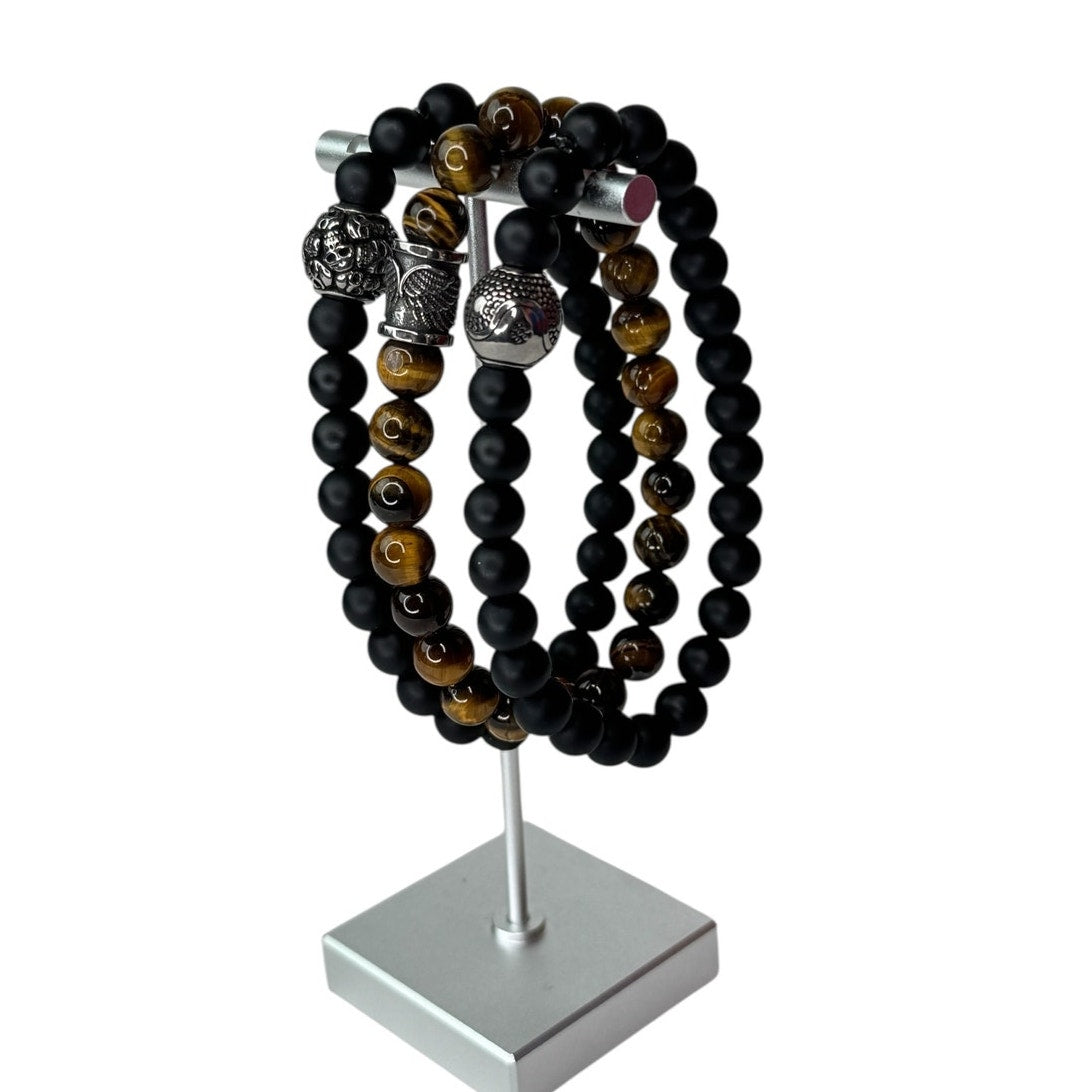Balance & Power Men’s Bead Bracelet Skull, Yin Yang & Angel Wings Set