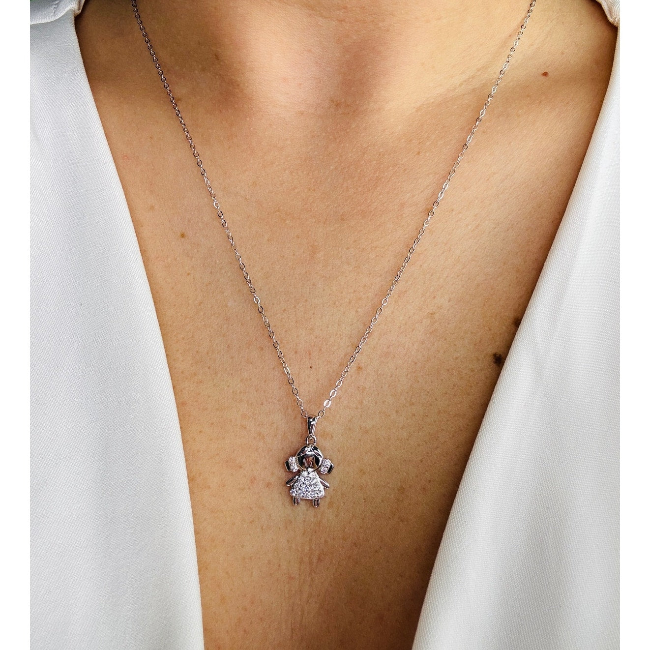 Little Girl Cubic Zirconia Pave Pendant Silver Necklace