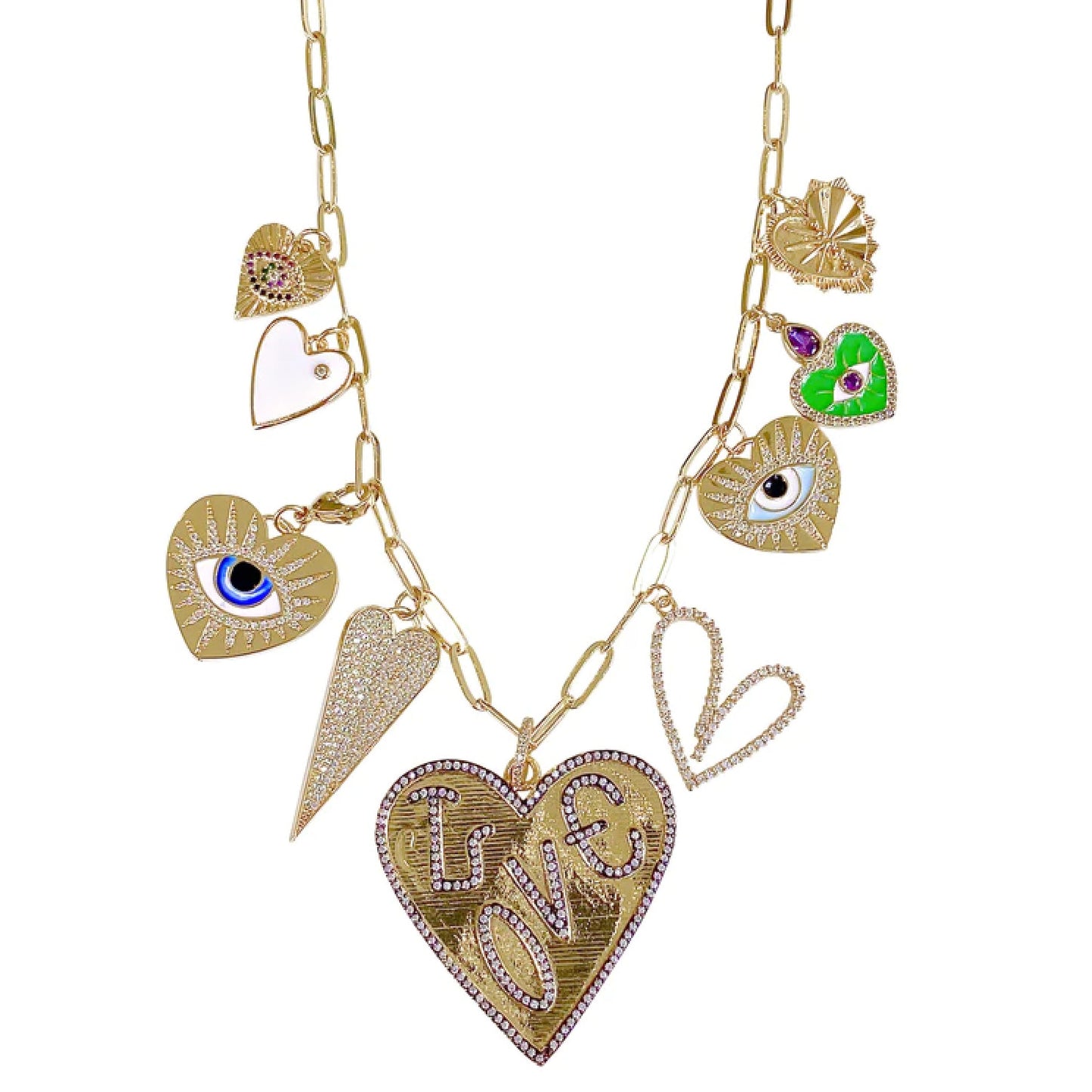 9 Heart & Eye Charms on Paperclip Chain Necklace