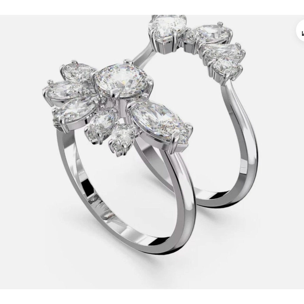Swarovski Gema Flower Ring Rhodium Plated with Clear Stones Cocktail 58 - USA 8