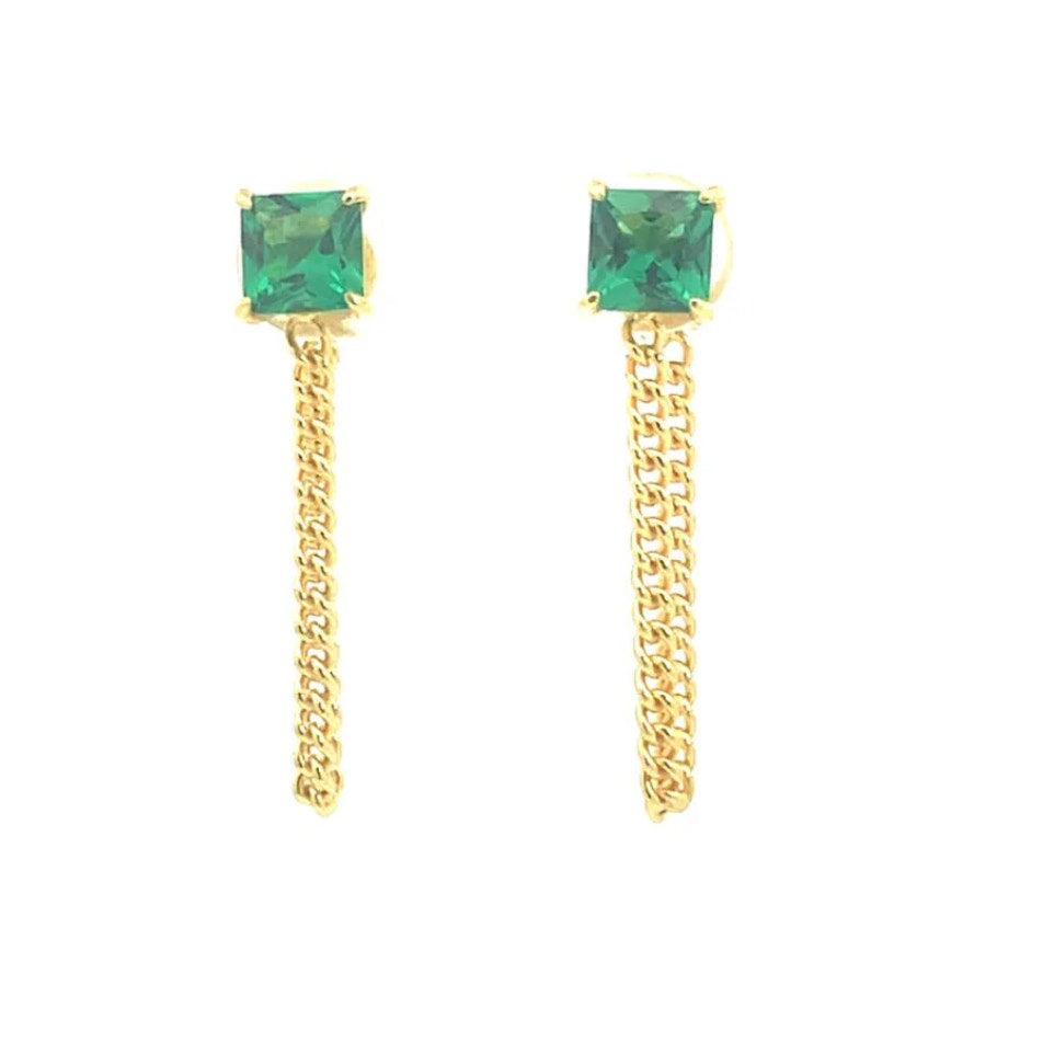 Chic Studs with Green CZ & Chain Drop Accent Earrings Color gold