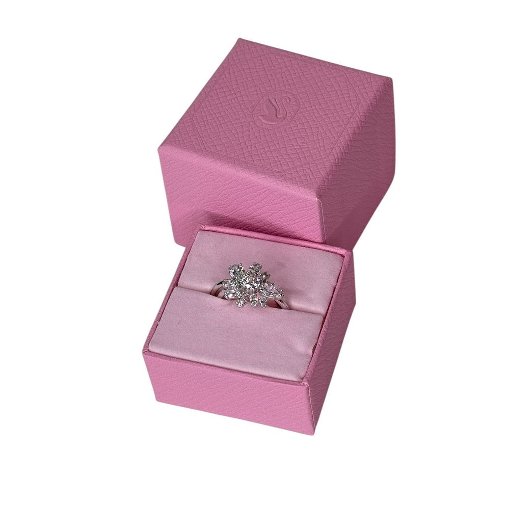Swarovski Gema Flower Ring Rhodium Plated with Clear Stones Cocktail 58 - USA 8