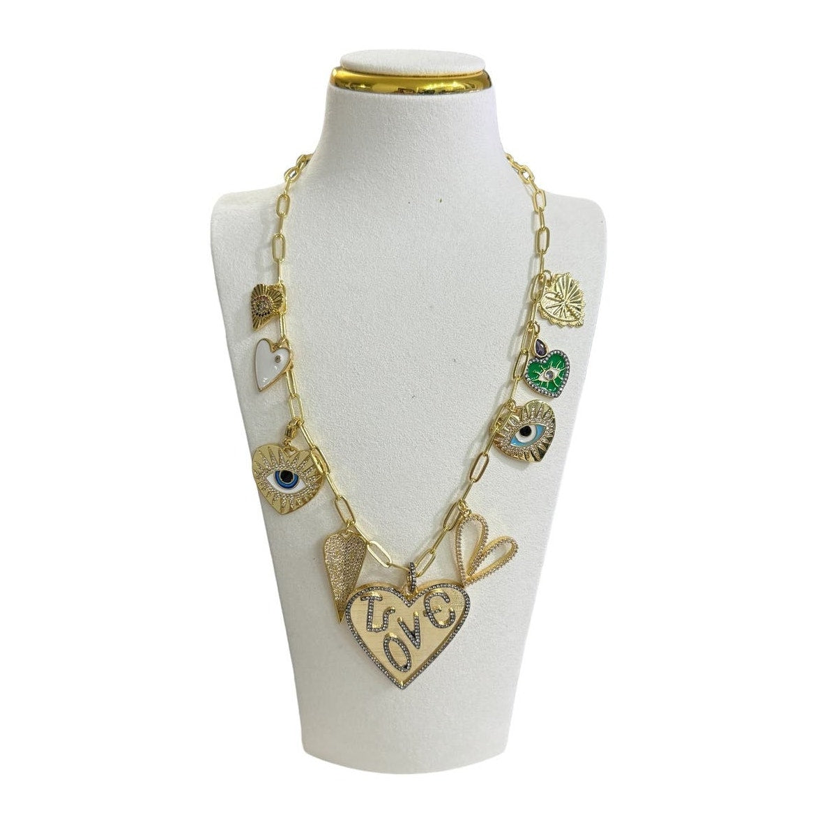 9 Heart & Eye Charms on Paperclip Chain Necklace