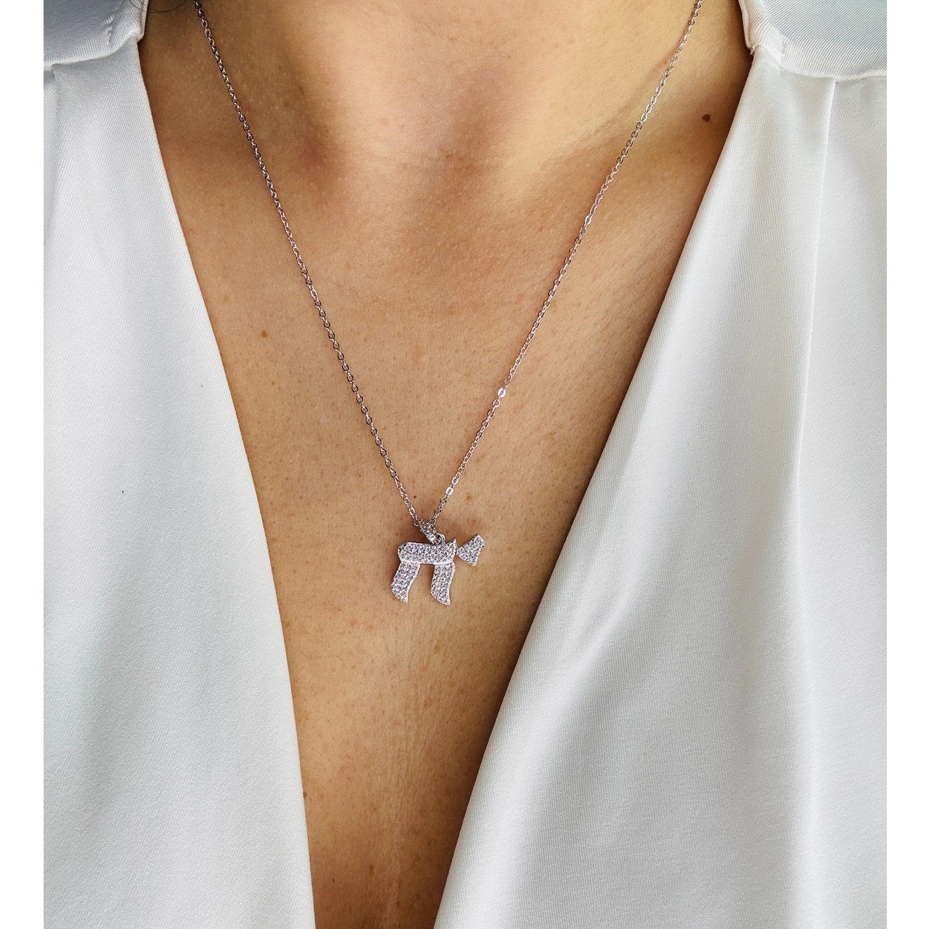 Pave Chai Pendant Silver Necklace