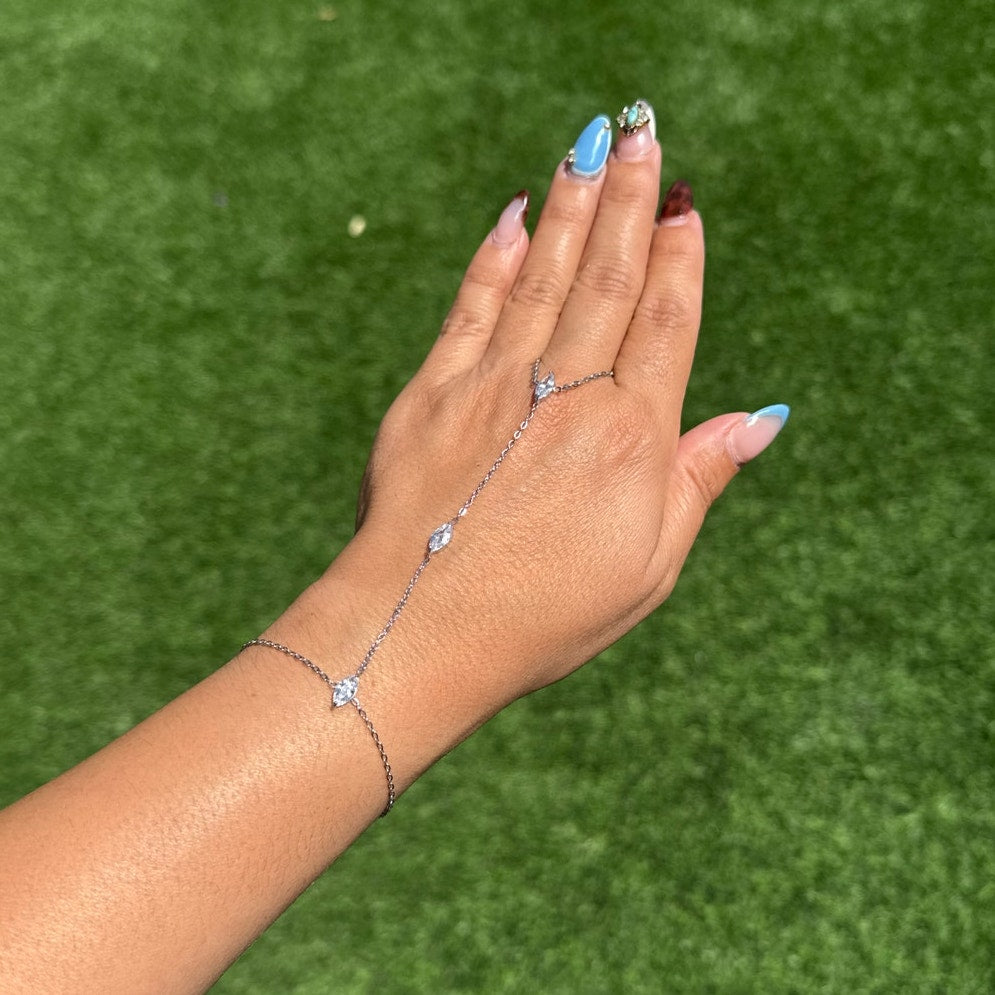 Marquise CZ Hand Chain Bracelet Ring silver