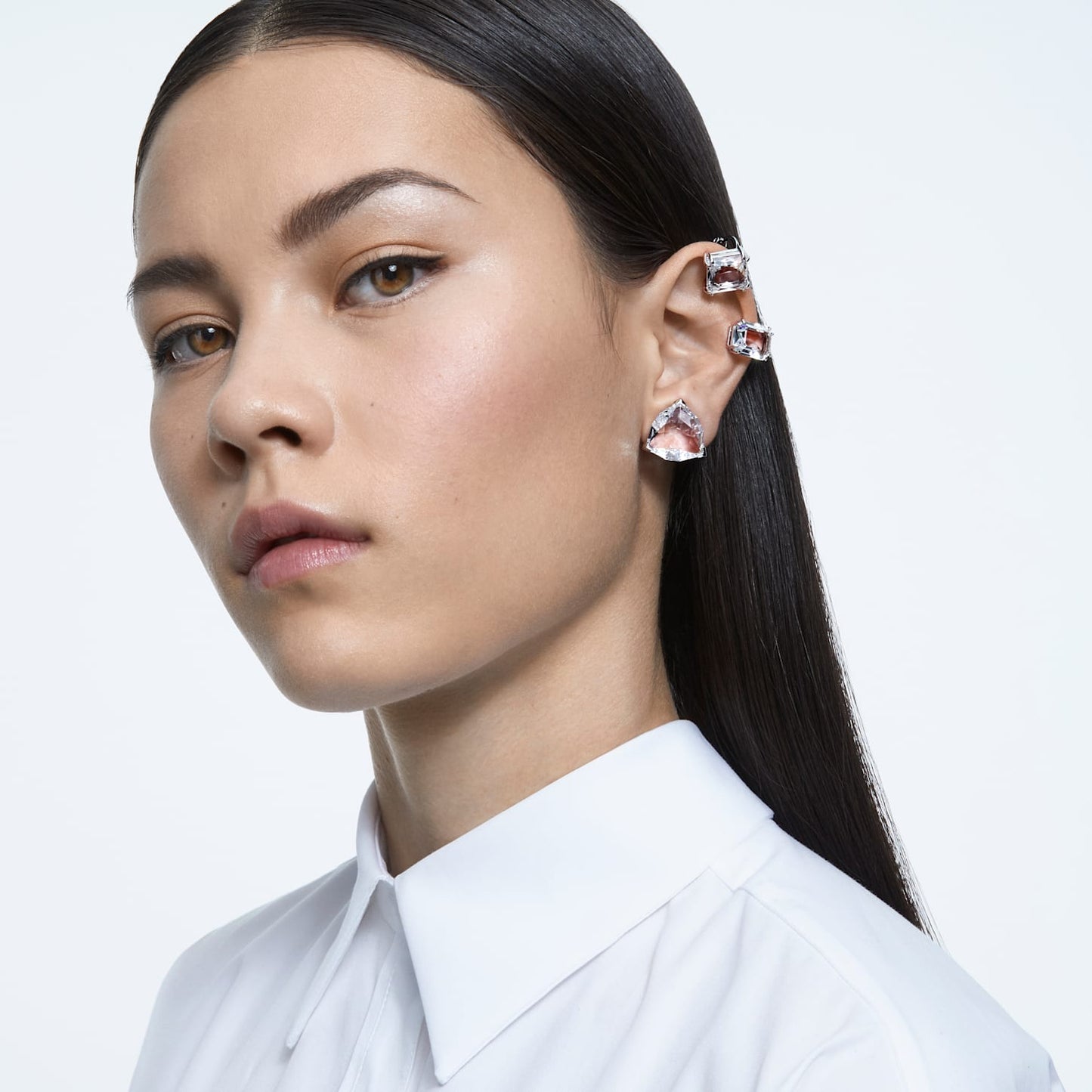 Swarovski Millenia clip earring 3 Asymmetrical design, White, Rhodium plated