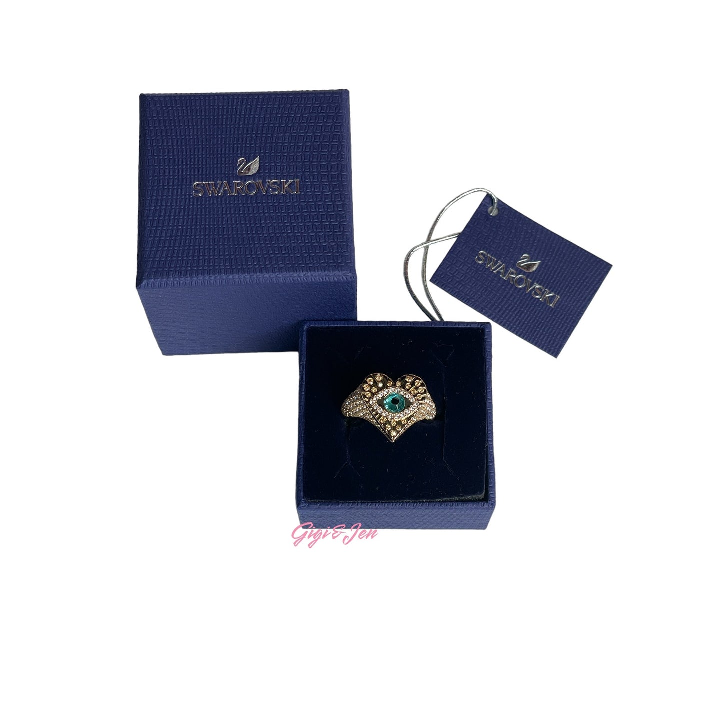 Swarovski Lucky Goddess Heart EVIL EYE Ring Gold Tone Size 58 EUR / 8 USA