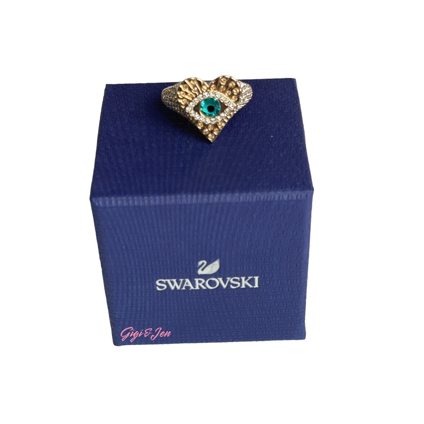 Swarovski Lucky Goddess Heart EVIL EYE Ring Gold Tone Size 58 EUR / 8 USA