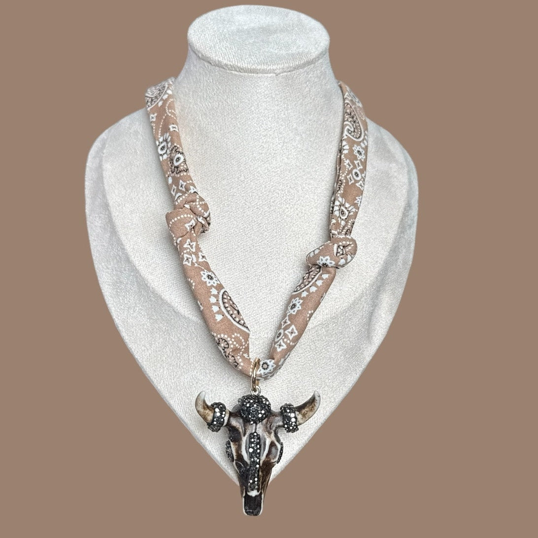 Out West Brown Pave Steer Head Brown Scarf Necklace