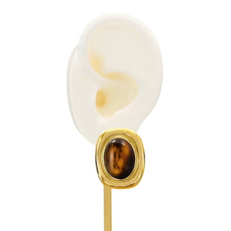 Tiger Eye Inspired Stud Earrings Gold Plated Oval Statement Earrings