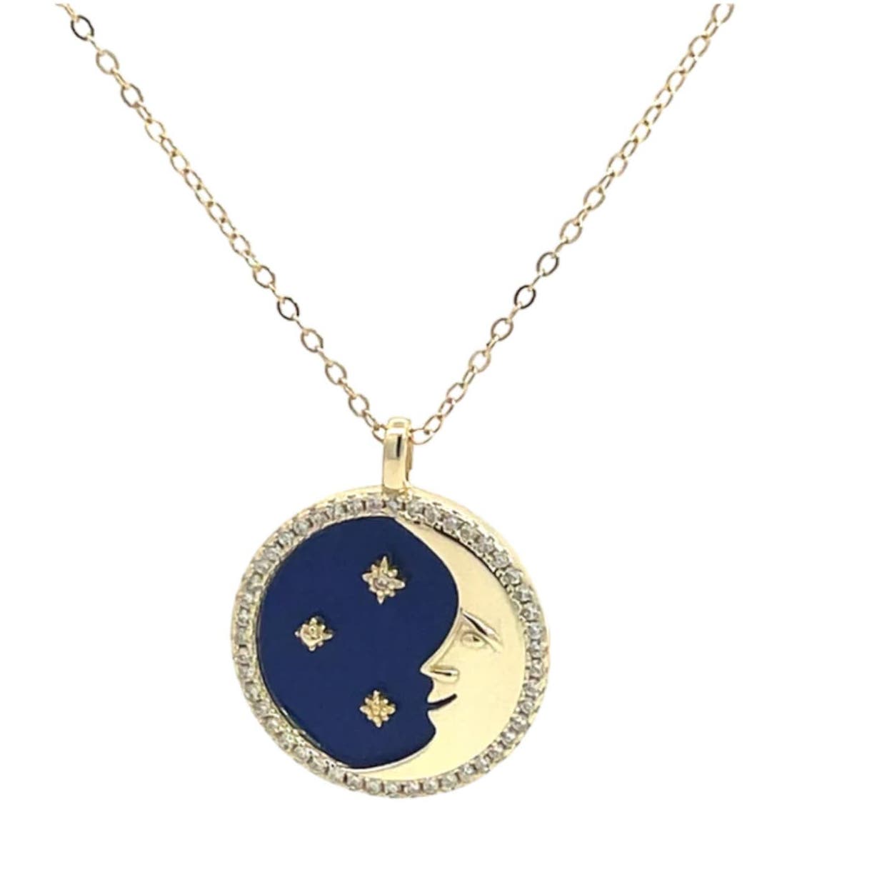 Moon and Star Night Sky Pendant Necklace - 925 Sterling Silver with Gold Plating and Cubic Zirconia