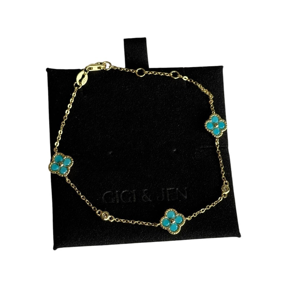 Delicate turquoise Floral Chain Bracelet 14K Gold Plated over 925 Sterling Silver