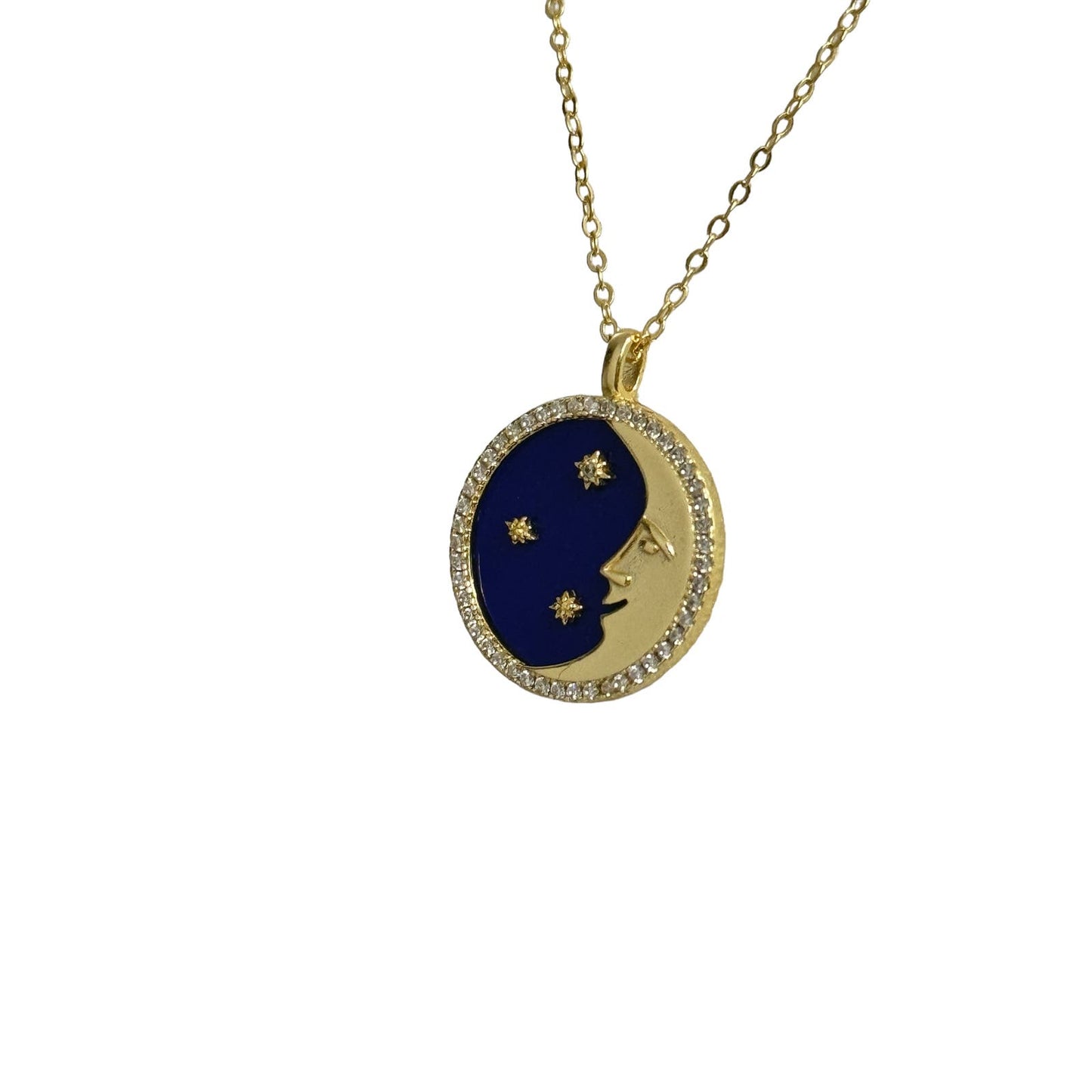 Moon and Star Night Sky Pendant Necklace - 925 Sterling Silver with Gold Plating and Cubic Zirconia