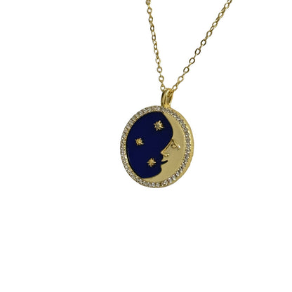 Moon and Star Night Sky Pendant Necklace - 925 Sterling Silver with Gold Plating and Cubic Zirconia