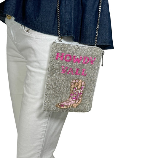 HOWDY YALL Message Cowboy Boots Seed Beaded Crossbody Bag Phone bag