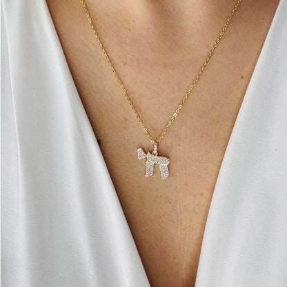 Pave Chai Pendant Gold Tone Necklace