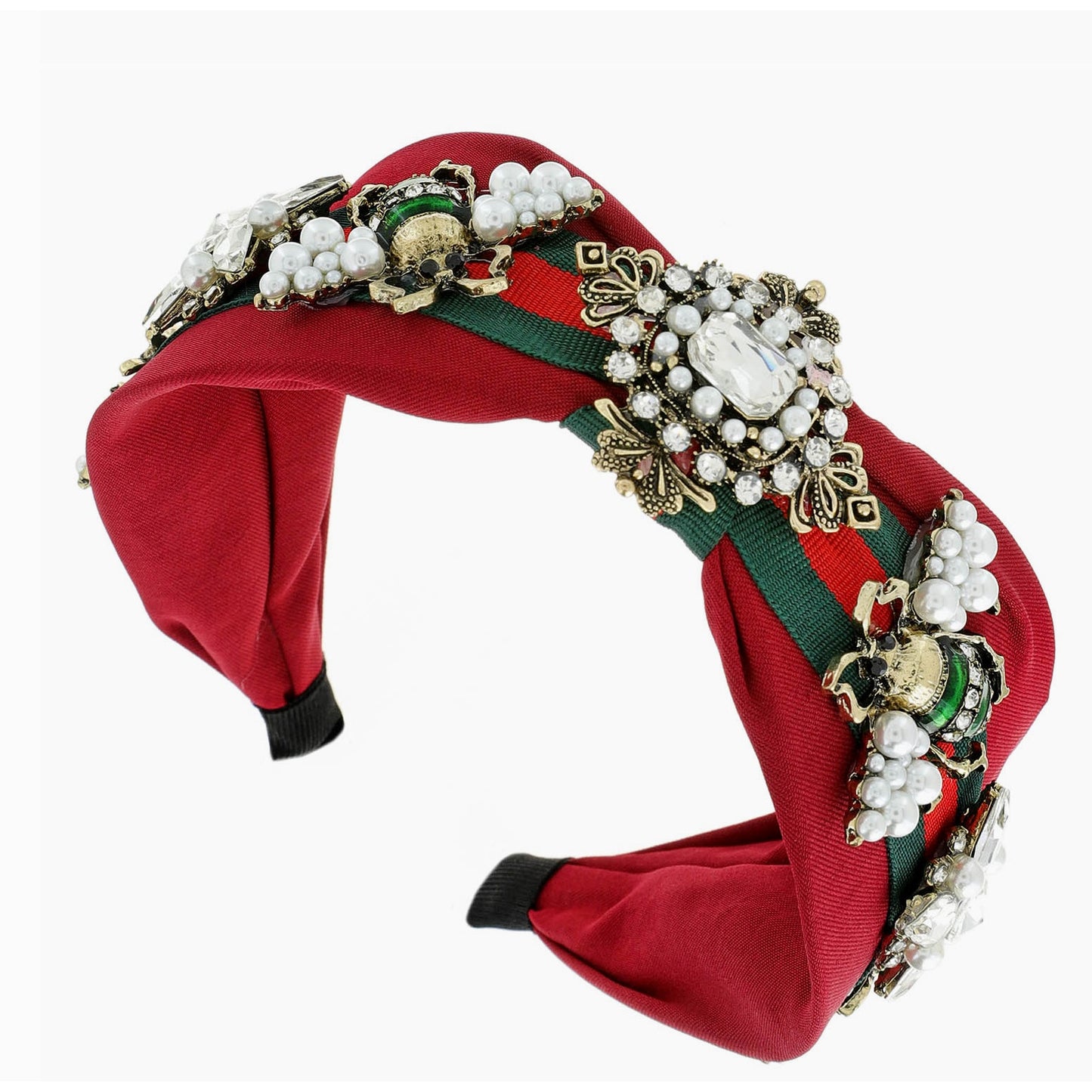 Elegant Red Headband with Pearls Crystals and Bee Details Fashion Hairband