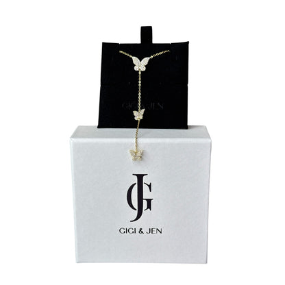 Three Butterfly Lariat Necklace Drop Down Y Statement Necklace