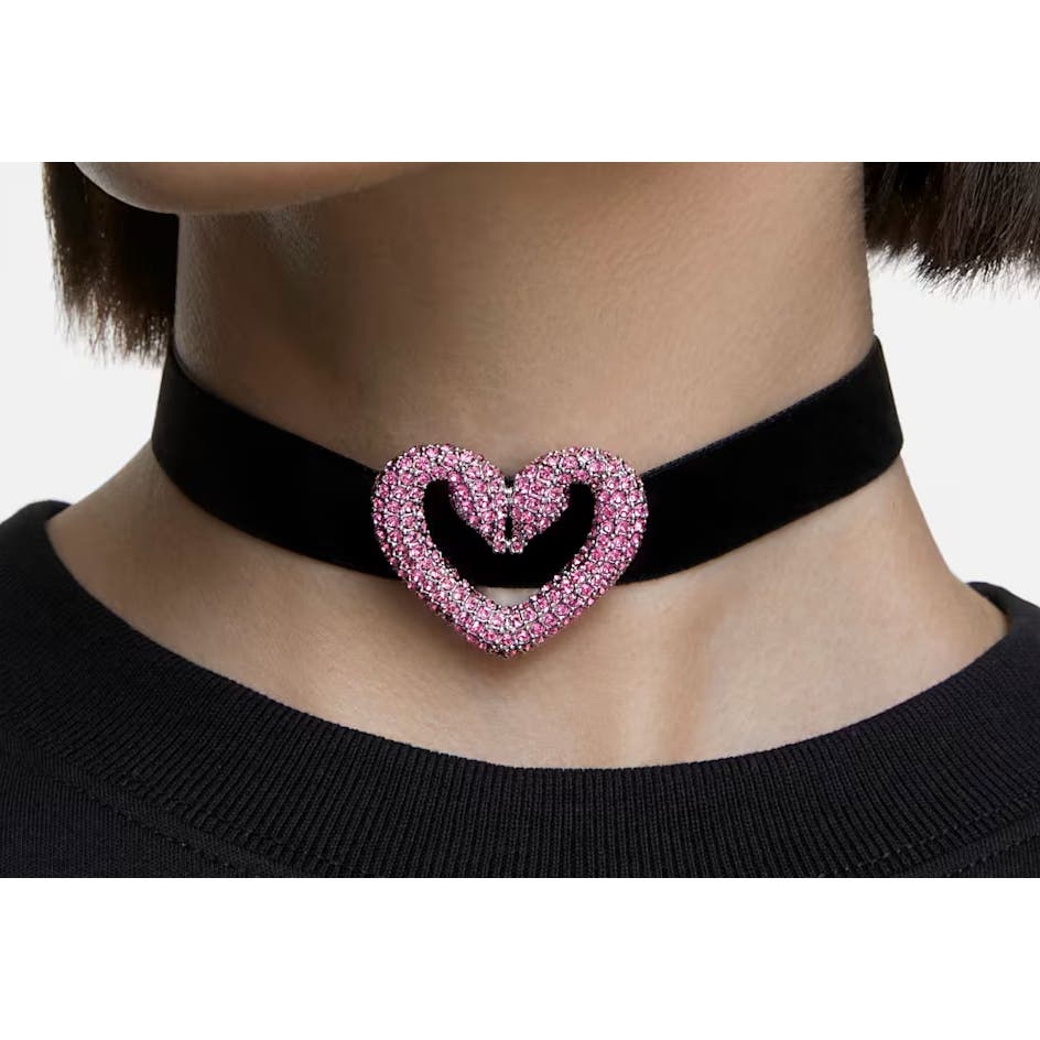 Swarovski Una choker Swan Heart, Pink, Rhodium plated Choker Necklace