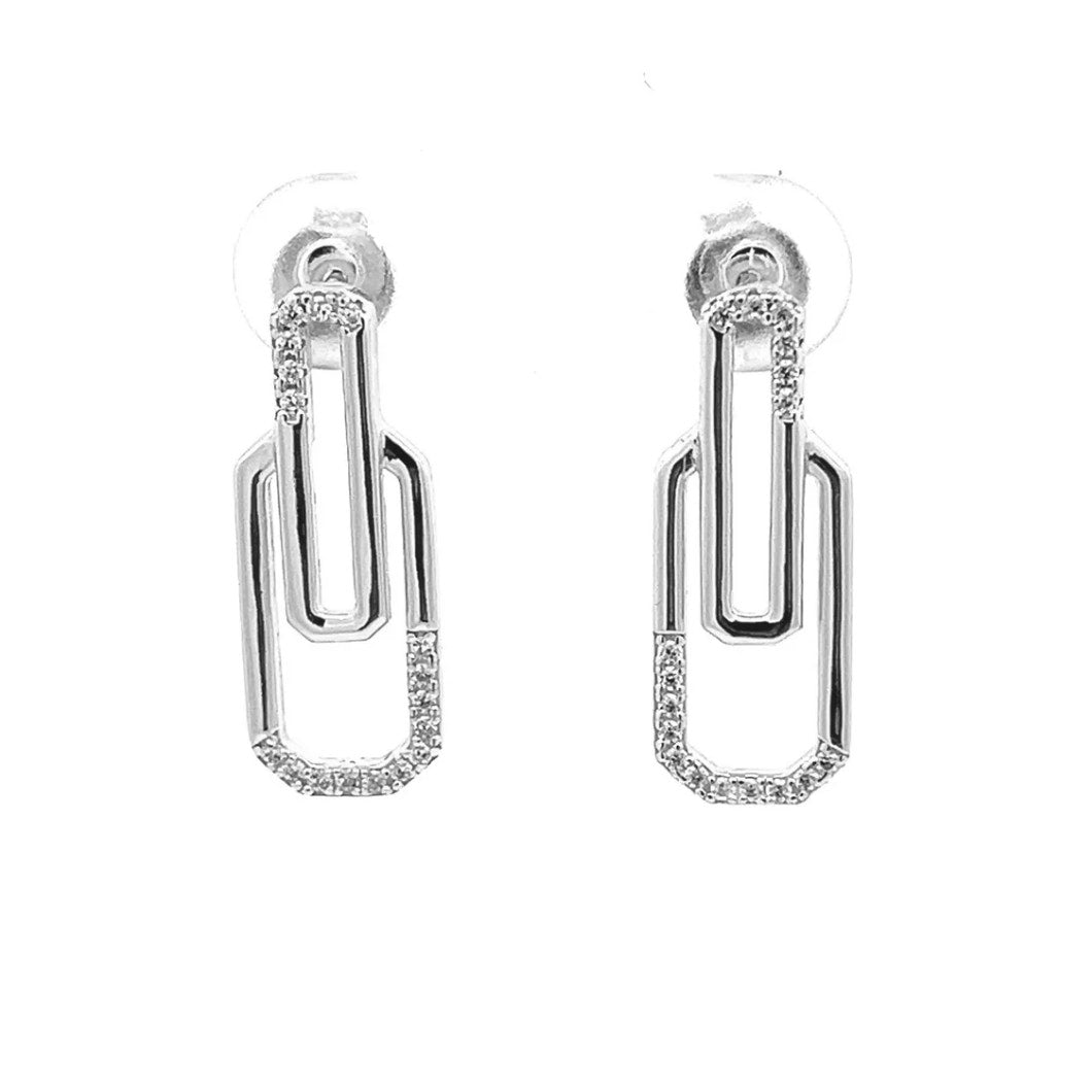 Two Link Paperclip Earrings in 925 Sterling Silver Cubic Zirconia