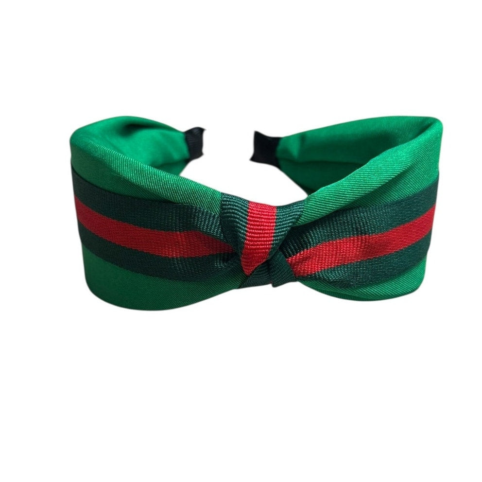 Green Knot Headband with Red & Dark Green Stripes