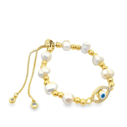 Evil Eye Shaped Freshwater Pearl Bracelet – Adjustable Beaded Protection Jewelry | Stylish and Elegant Accessory