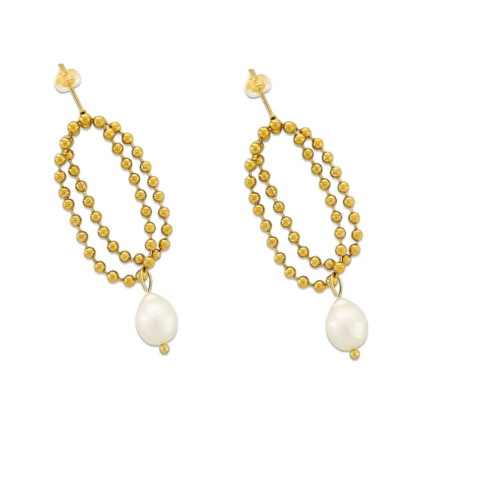 Luxe Gold Bead Loop Earrings with Hanging Freshwater pearl