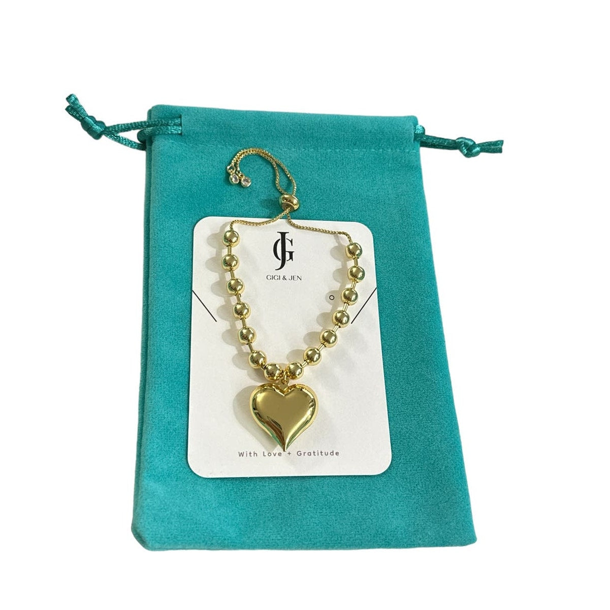 Puffy Heart Charm adjustable Slider Bracelet in Gold tone