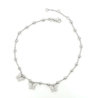 925 Sterling Silver Butterfly Anklet with Cubic Zirconia, Beaded Adjustable