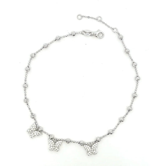 925 Sterling Silver Butterfly Anklet with Cubic Zirconia, Beaded Adjustable