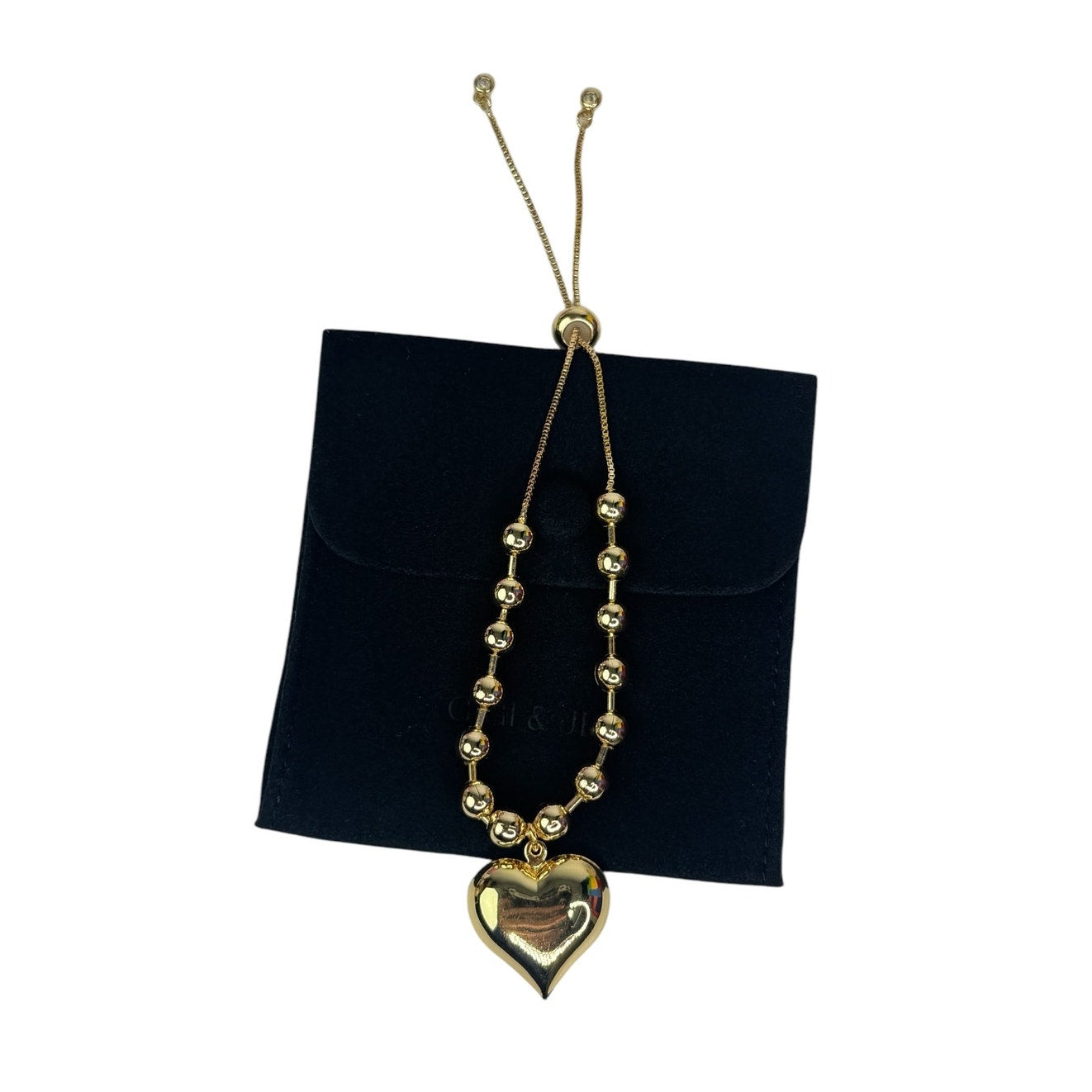 Puffy Heart Charm adjustable Slider Bracelet in Gold tone