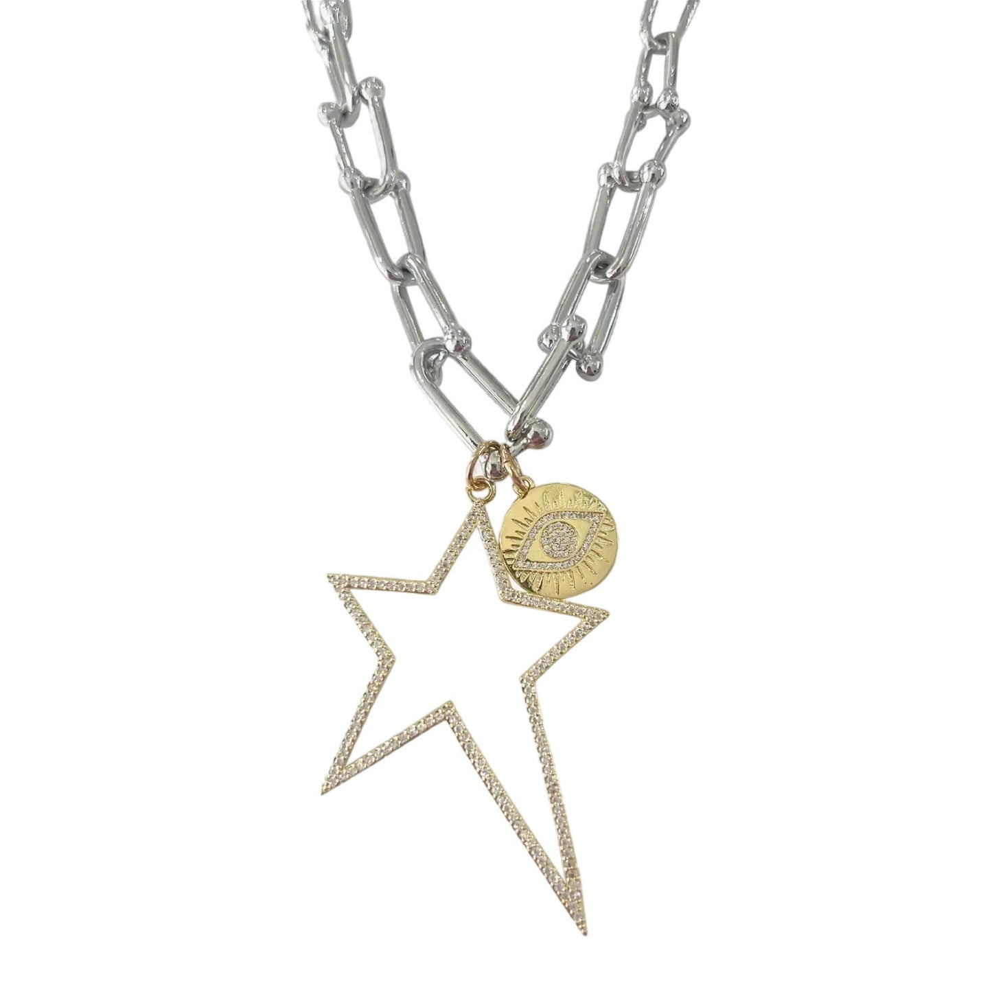 Party link Chain Silver Necklace Gold tone Star and eye Circle Pendant