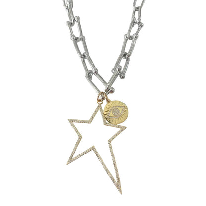 Party link Chain Silver Necklace Gold tone Star and eye Circle Pendant