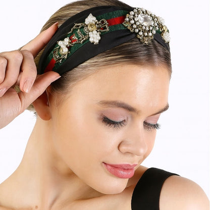 Elegant Black Headband with Pearls Crystals and Bee Details Fashion Hairband