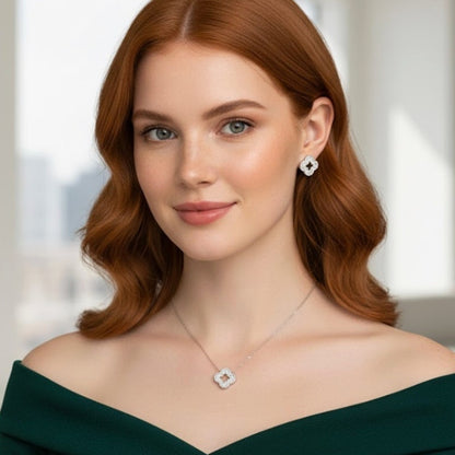 Clover Necklace & Earring Set 925 Sterling Silver  Dainty Lucky Clover Jewelry Gift for Women